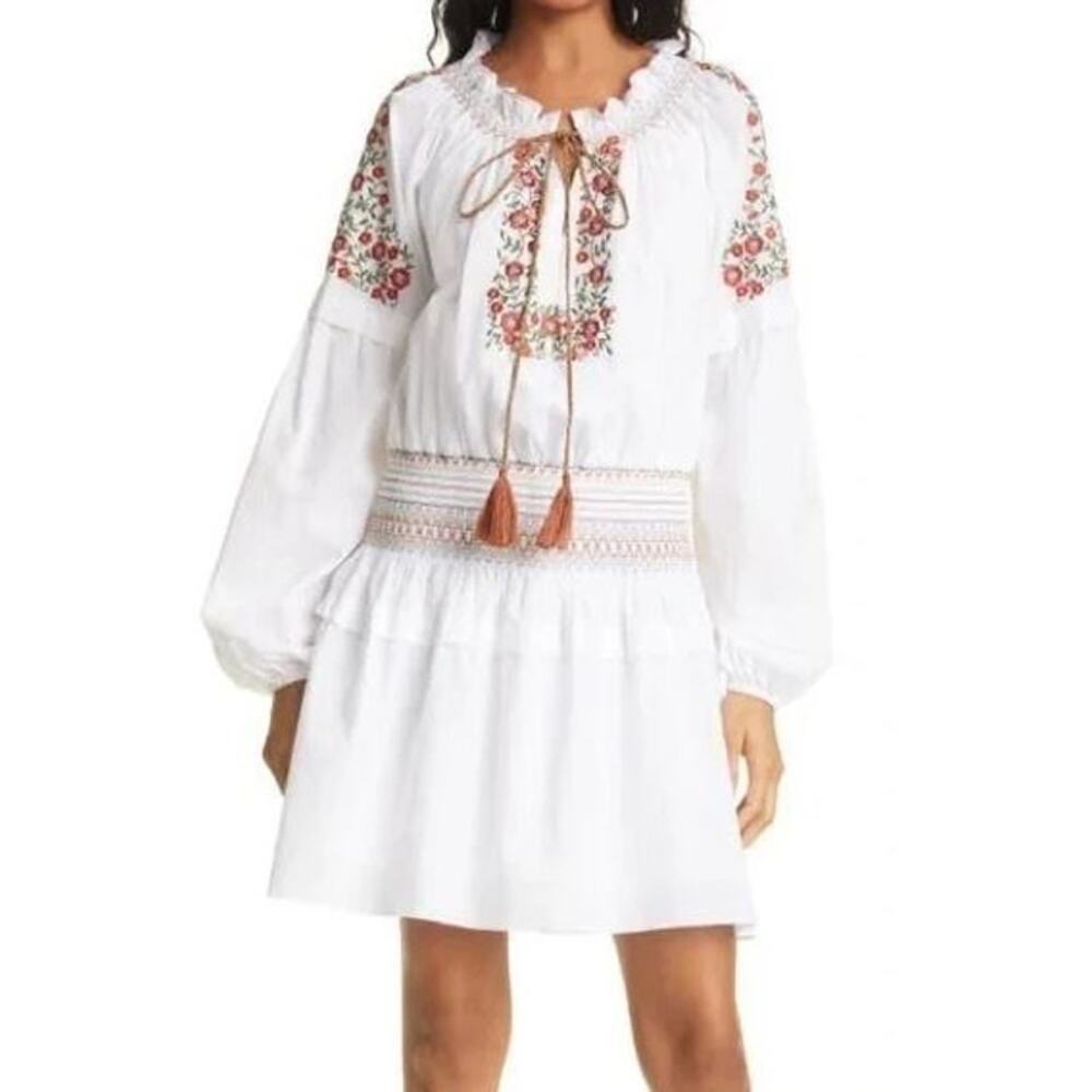 Nicole Miller Large Boho Peasant Mini Dress White Cotton Embroidered Tasseled